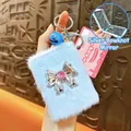 Creative light blue plush folding pocket mirror keychain with a silver bow and gem - Bowknot Folding Mirror Pendant / Blue