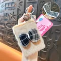 Elegant plush square keychain mirror featuring a checkered bow and decorative bell - Bowknot Folding Mirror Pendant / Brown