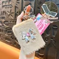 Plush folding mirror keychain with silver bow and rhinestone accent, faux fur texture - Bowknot Folding Mirror Pendant / Coffee