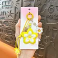 Cute yellow alloy flower keychain with braided rope and pearl charms - Flower Pendant / Yellow
