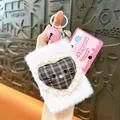 Cute pink plush heart-shaped folding mirror keychain with plaid cat face and lace trim - Plush Heart Mirror Charm / Pink