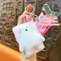 Cute white plush bear folding mirror keychain with pink bell and fuzzy square base - Cute Bear Folding Mirror Pendant / Pink