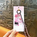 Cute pink and black cat keychain charm with acrylic plate, flower, and decorative beads - Black - Cute Cat Bag Charm