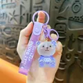 Creative cute purple glass bear keychain featuring a glitter strap and BEAR printed shirt - Purple
