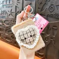 Cute brown plush heart-shaped folding mirror keychain with lace trim and plaid cat detail. - Plush Heart Mirror Charm / Brown