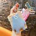 Cute portable plush bear folding mirror keychain with soft brown fur and grey knit bear design - Cute Bear Folding Mirror Pendant / Light Coffee