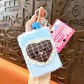 Portable light blue plush folding mirror keychain with heart cat pattern and blue bell - Plush Heart Mirror Charm / Blue