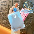 Blue plush bear mirror keychain with grey knitted bear and bell - Cute Bear Folding Mirror Pendant / Blue