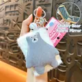 Portable plush bear folding mirror keychain with white fur and grey fabric bear - Cute Bear Folding Mirror Pendant / White