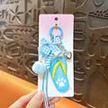 Adorable blue flip-flop keychain with a checkered bow and heart charm on a pink card - Flip-flop Pendant / Blue