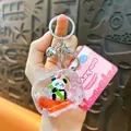 Detail view of cute panda game console liquid keychain with bamboo panda figurine - TV Shaped Liquid Quicksand Panda Charm / Blue