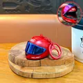 Red motorcycle helmet keychain with cool blue flip-up visor and flame decal ornament - Iridescent Helmet Pendant / Red