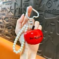 Glossy red resin apple keychain with white pearl bead wristlet and heart carabiner - Red
