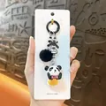 Cute panda keychain with black pompom and bow charm on white display card - Laying Panda Phone Strap Pendant / Black and White