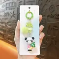 Cute cartoon panda keychain with green mushroom charm and fuzzy pom-pom detail - Panda Phone Chain Pendant / Mushroom Style - Pink