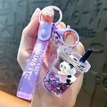 Cute purple liquid panda bubble tea cup keychain with glitter strap for bags - Oil-Filled Panda Pendant - Milk Tea Cup / Purple