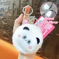 Cute plush panda keychain charm featuring a built-in folding mirror for bag decoration - Plush Panda Mirror Pendant / White