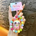Cute cartoon panda keychain with colorful beads and pink Rainbow Candy header card - Electroplated Panda Beaded Pendant / Pink