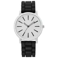 Detailed front view of a minimalist white quartz student watch featuring a unique black silicone strap - Black