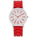 Detailopname van een quartzhorloge voor studenten met rode siliconen band en wit wijzerplaat. - Rood