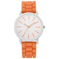 Detail van een mode quartzhorloge voor studenten met een getextureerde oranje siliconen band - Oranje
