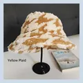 Warm plush bucket hat with yellow and white plaid pattern for winter wear - One Size (56-58cm) / Beige Plaid