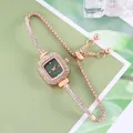 Rose gold women's square bracelet watch with green dial and rhinestones, adjustable chain. - Rose Gold Green