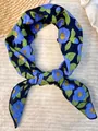 Dark blue floral cotton square scarf featuring a vivid blue camellia pattern and green leaves - Ultramarine Blue Flower / 60-80cm