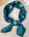 Elegant dark green floral cotton square scarf with light blue patterns and polka dots - Turquoise Blue Flower / 60-80cm