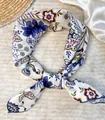 Elegant floral print cotton square scarf bandana in vintage pastoral style with blue flowers - Off-white Blue And White / 60-80cm