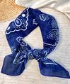 Dark blue cotton square scarf with paisley and floral patterns for spring - Dark Blue White Veined / 60-80cm