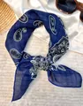 Elegant dark blue paisley square scarf bandana made of soft cotton with a stylish knotted look - Dark Blue Thread / 60-80cm