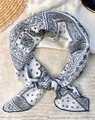 Elegant white square scarf with navy blue paisley pattern, soft cotton bandana for women. - White Background With Intricate Patterns / 60-80cm