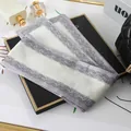 Detailed view of a purple and cream silk ribbon scarf with lace pattern on a display board. - L040-09-05 Blue And White Lace Trim - Beige