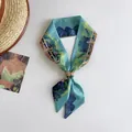 Detailed view of narrow silk scarf with Van Gogh style oil painting landscape print - Green Bridge And Flowing Water