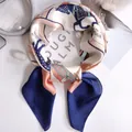 Elegant women's silk square scarf featuring a horse pattern and navy blue contrast finish - Blue Trim On The Pony / 70*70cm