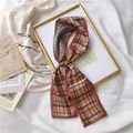 Vintage brown check skinny silk scarf for women, French style hair ribbon detail - Warm Brown Plaid / 10*100cm