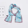 Detail of French retro light blue skinny scarf with red and white polka dots. - Light Blue Wavy Pattern / 10*100cm