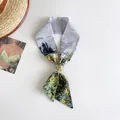 Detailed view of Van Gogh style oil painting skinny scarf used as a hair ribbon - Isle of Flowers