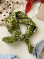 Green cotton linen square scarf with white floral pattern and retro knot design - 15 Green Daisies