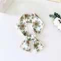 Elegant French style skinny silk scarf with green floral pattern on white background - Light Green Sunflower Pattern / 10*100cm