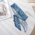 Elegant blue floral chiffon skinny scarf for French vintage hair styling accessory - Blue Background With Red Shimmering Flowers / 100cm*6cm