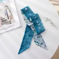 Elegant French retro blue chiffon hair scarf featuring tropical palm tree and boat prints - Coconut Tree Sail / 100cm*6cm