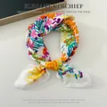 Elegant cotton linen square scarf with a vibrant floral pattern for fashion styling - Painted White