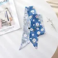 French vintage style blue floral chiffon hair scarf with white flower patterns for women - Blue Background With Red Heart And White Flowers / 100cm*6cm