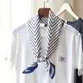 Elegant navy and white striped silk-like small square scarf for women neck decoration - Thin Stripes White Background Blue / 70*70cm