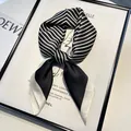 Elegant black and white striped silk square neckerchief with thin solid white border - Striped 70 Square Scarf - Black / 70*70cm