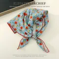 Elegant light blue floral cotton linen square kerchief for stylish neck or hair styling - Blue Large Red Floral