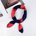 Elegant red and navy blue geometric block patterned satin silk twilly neck scarf for women - 15 Geometric Stripes Red / 50-50cm