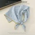 Elegant blue gingham cotton linen square kerchief scarf with small red cherry pattern - Blue Grid Cherry
